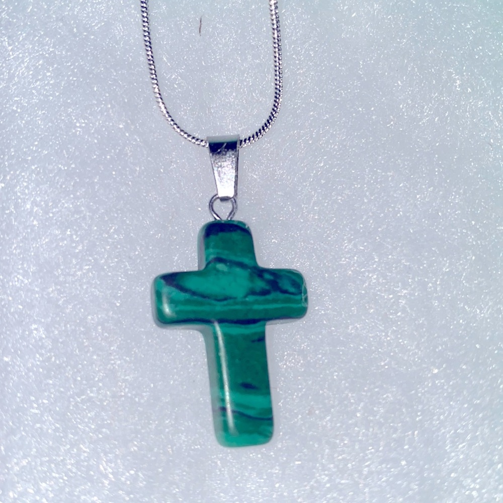 Boho hippie Malachite Cross Sterling Silver 24” Necklace